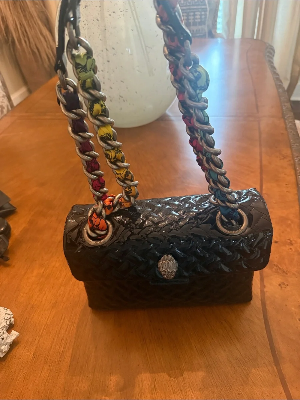 Kurt Geiger Black Quilted Patent Shoulder Bag with Multicolor Chain - Picture 1 of 6